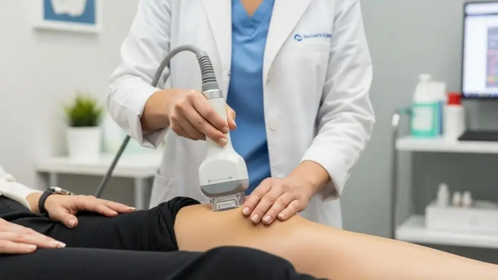 Focused shockwave therapy session for chronic pain relief in a clinical setting