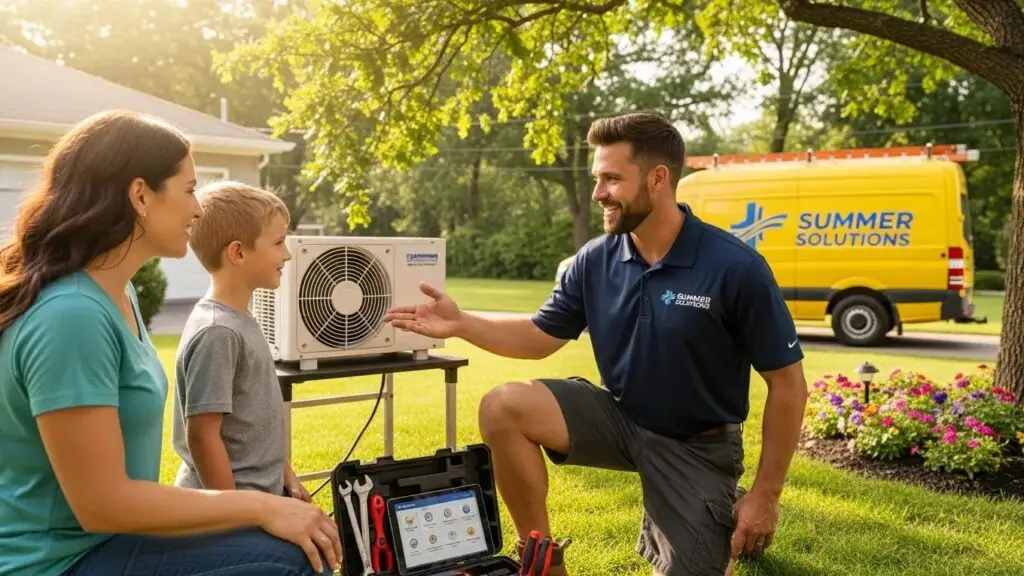 Home service contractor engaging with customers in a sunny outdoor setting, highlighting summer marketing strategies.