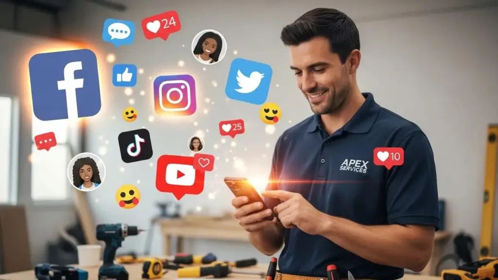 Home service contractor engaging with customers on social media in a vibrant workspace.