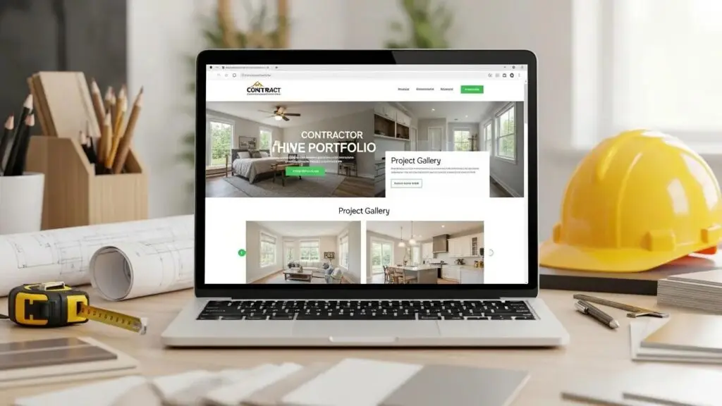 Modern contractor portfolio website displayed on a laptop with high-quality project images
