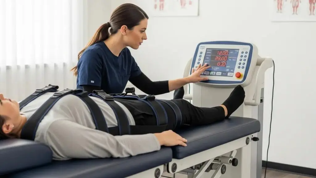 Patient receiving spinal decompression therapy for herniated disc relief