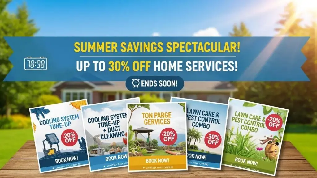 Summer savings spectacular promotion for home services with discount offers and seasonal decorations.