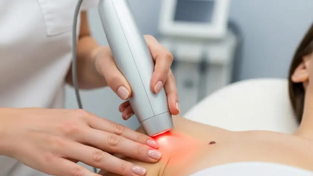 Therapist applying laser therapy to a patient's shoulder for pain relief