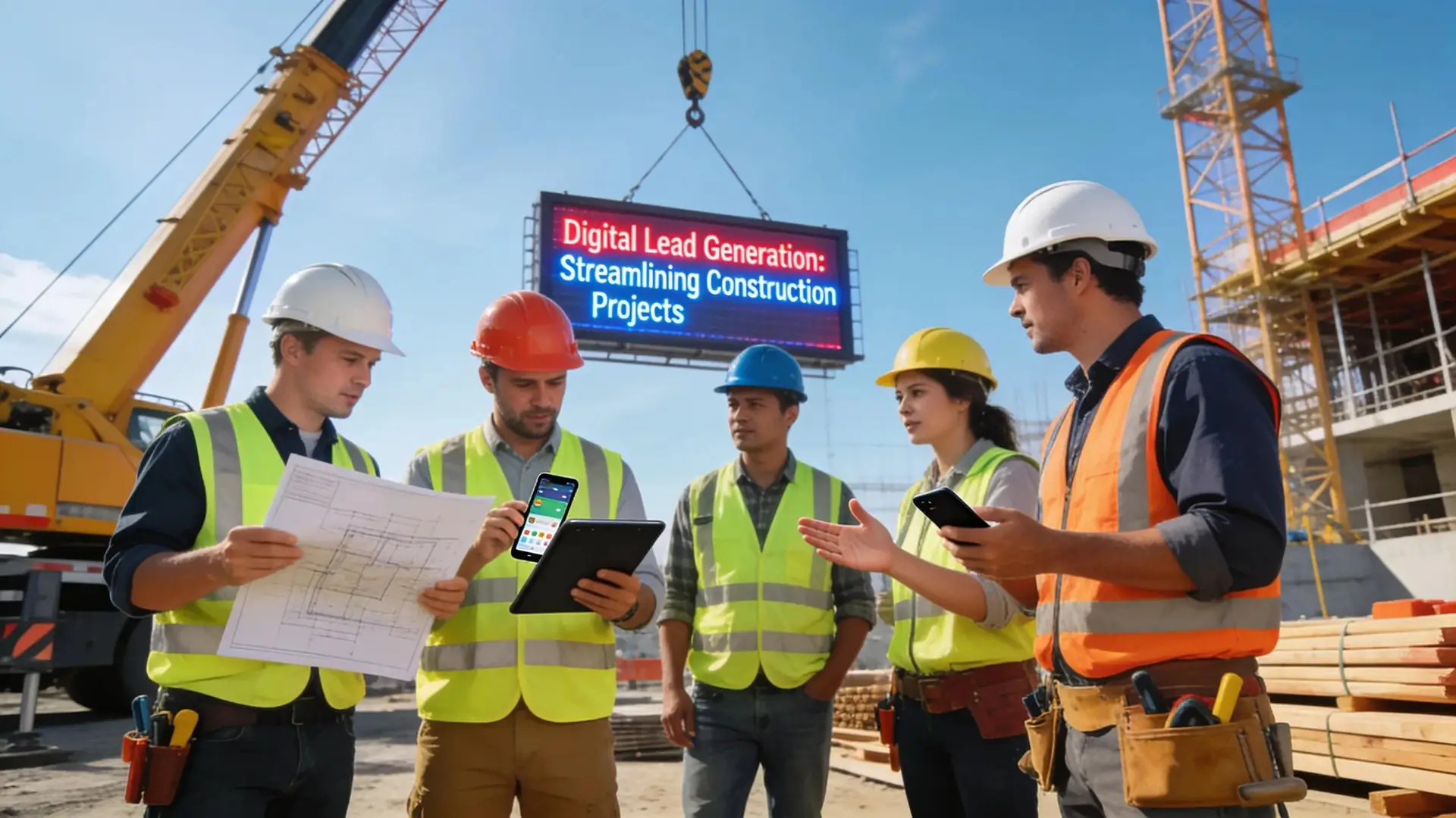 Construction team reviewing digital lead generation strategies on construction site.
