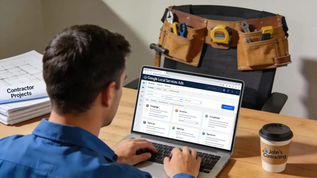 Contractor setting up Google Local Services Ads on a digital device, illustrating management of advertising campaigns
