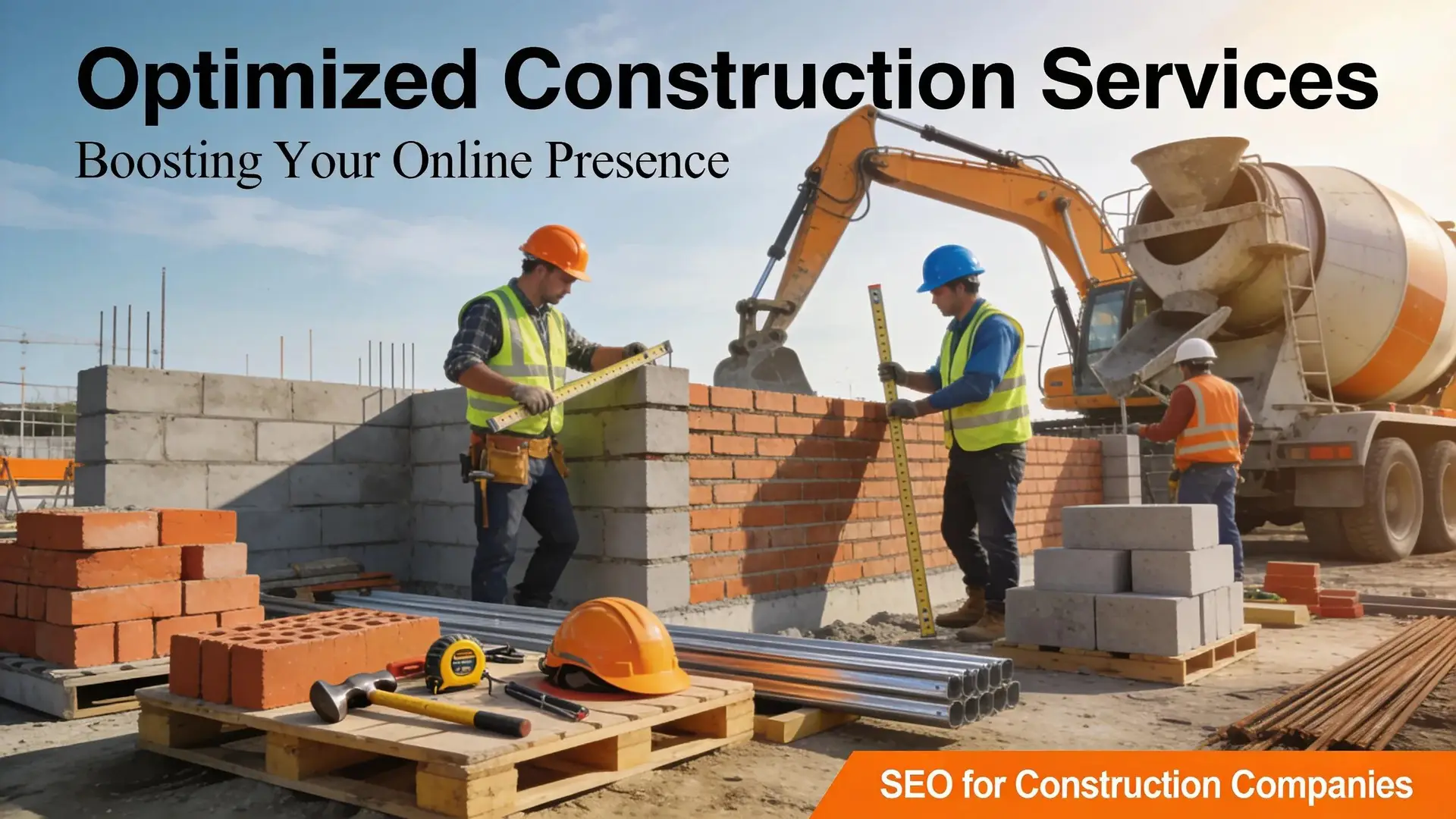 Construction workers on site illustrating optimized construction services and boosting online presence.