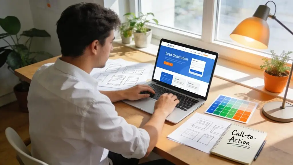 Designer creating a lead generation landing page with wireframes and color palettes in a bright workspace
