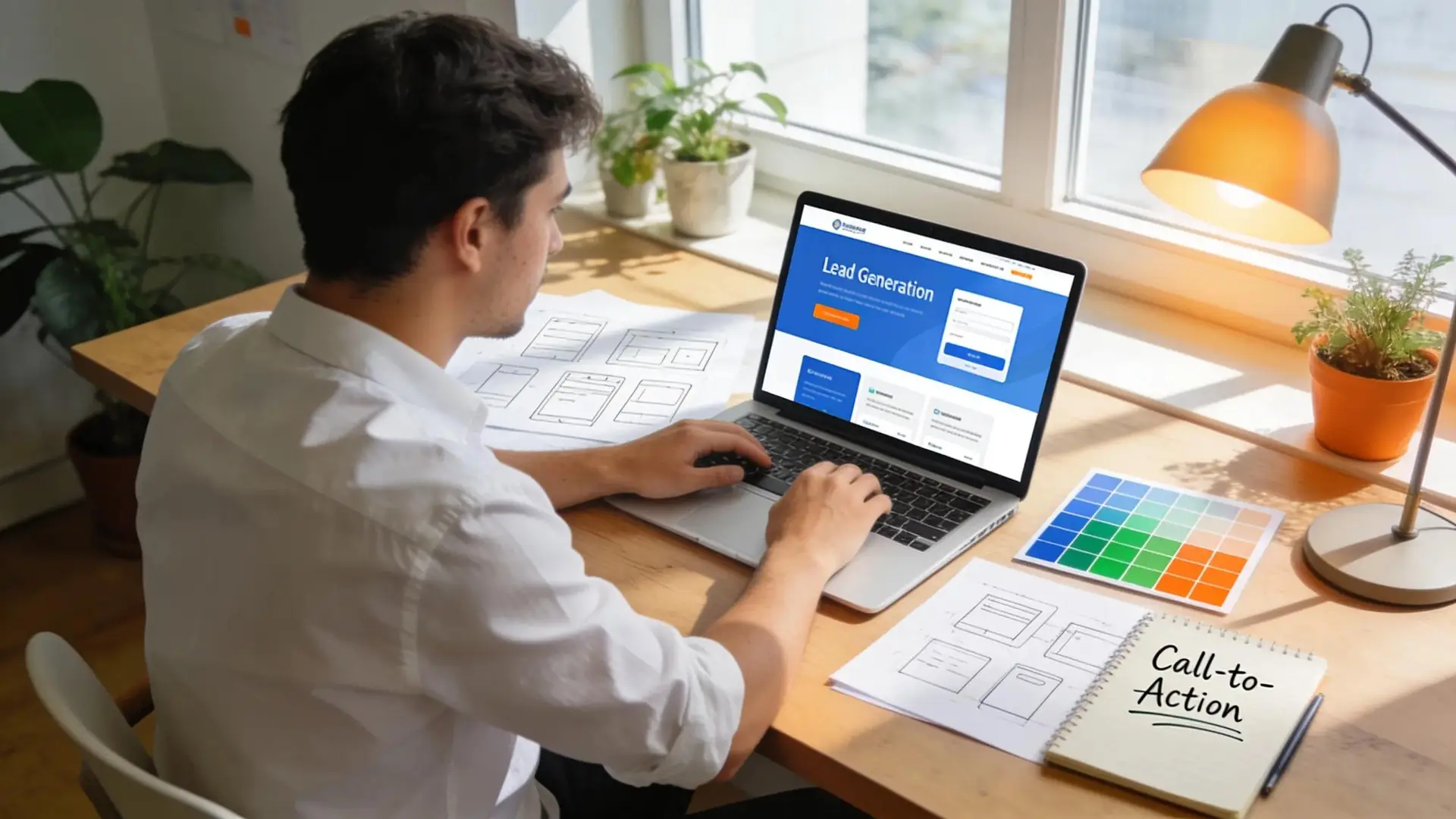Contractor reviewing lead generation landing page design on laptop.