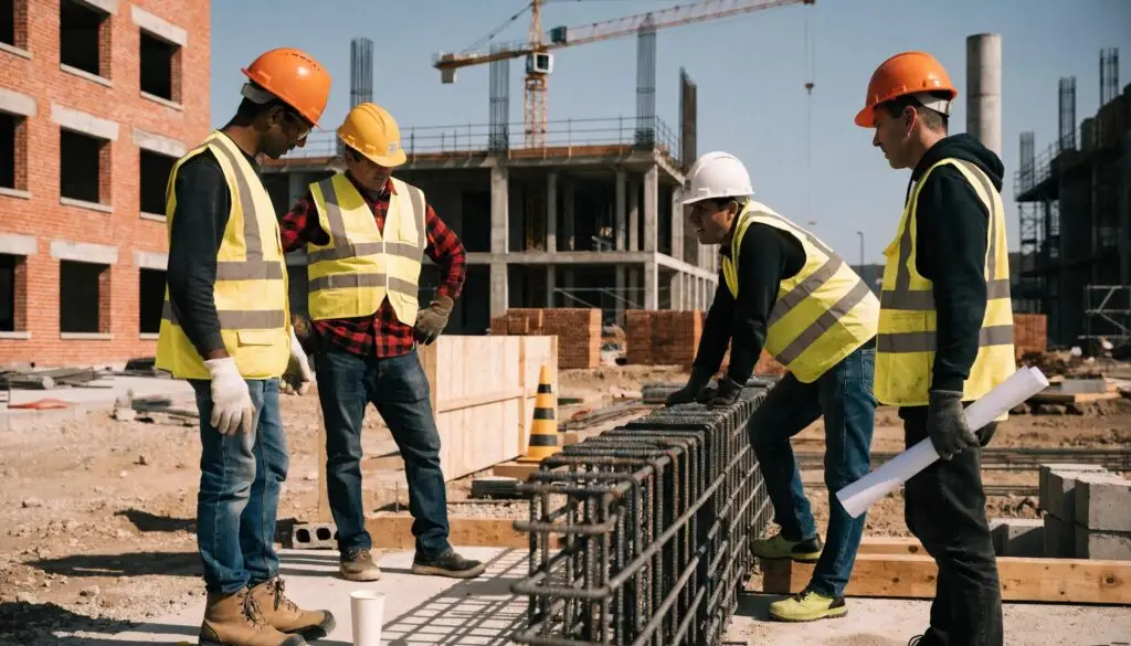Construction workers collaborating on-site, representing effective digital marketing strategies for lead generation