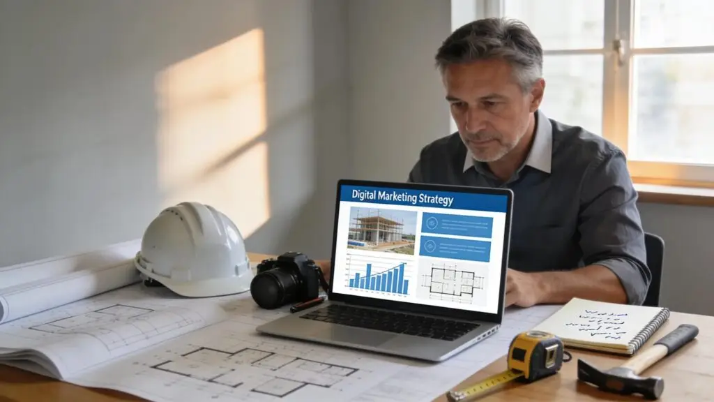 Contractor analyzing digital marketing strategies with construction plans and tools, highlighting content marketing importance