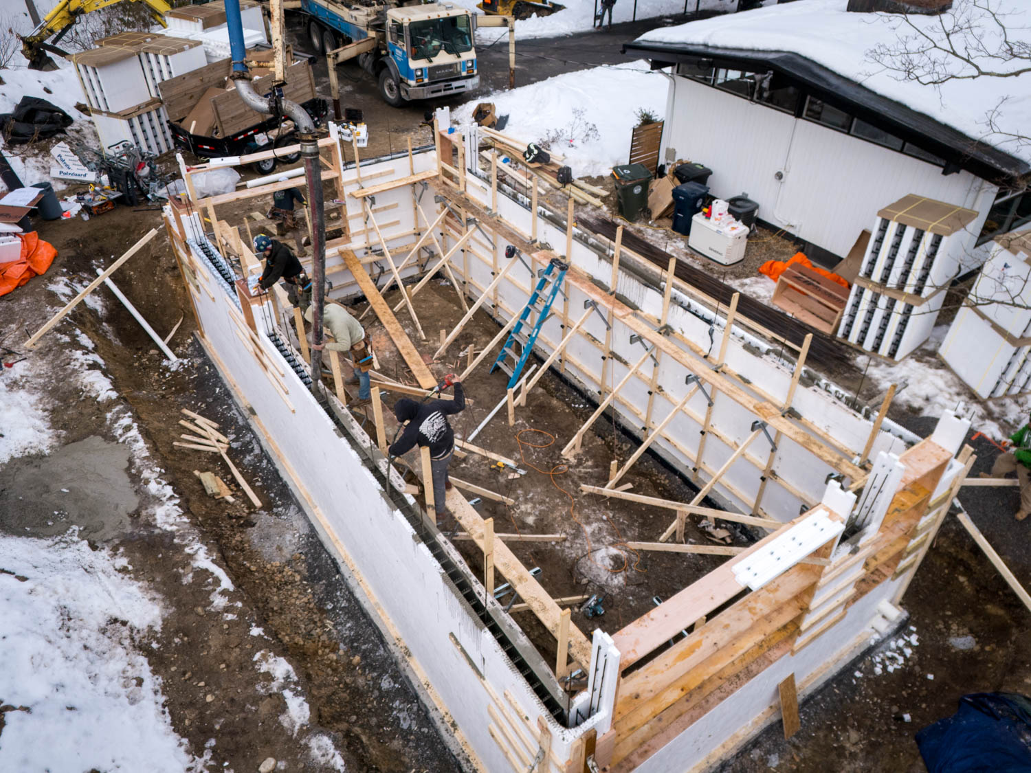 ICF wall progress during active construction project and build.