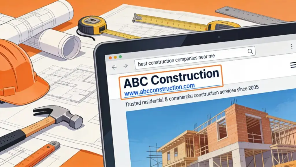 Computer screen showing search engine results for construction services, highlighting the importance of SEO in lead generation