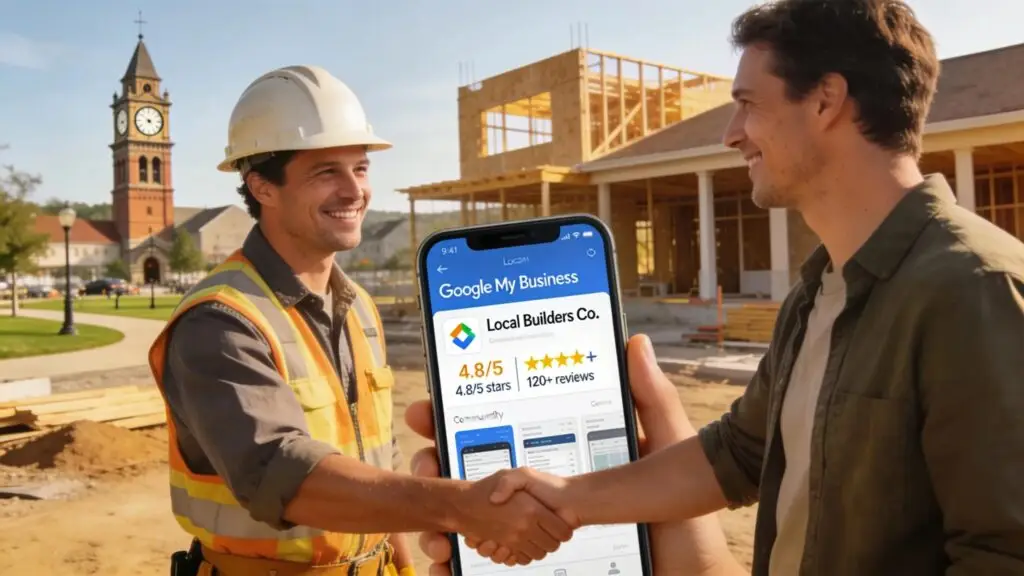 Contractor discussing project details with a client at a local construction site, emphasizing local SEO