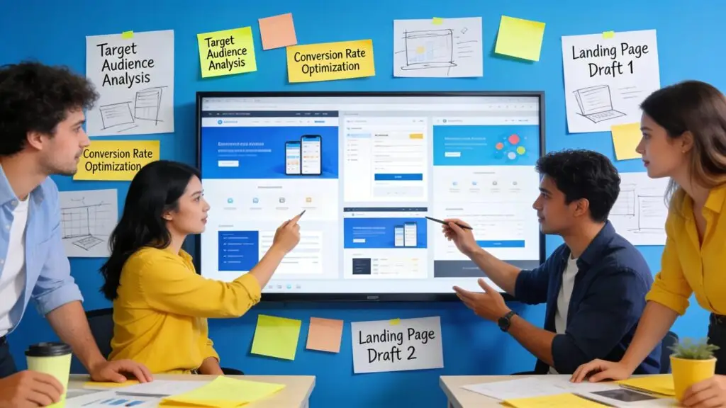 Marketing team brainstorming over different versions of landing pages in a collaborative workspace