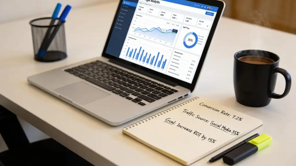 Laptop displaying marketing analytics dashboard and ROI tracking for local service businesses.
