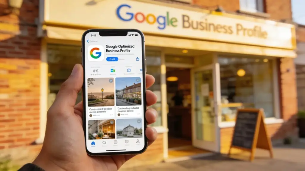 Smartphone displaying a Google Business Profile in front of a local business