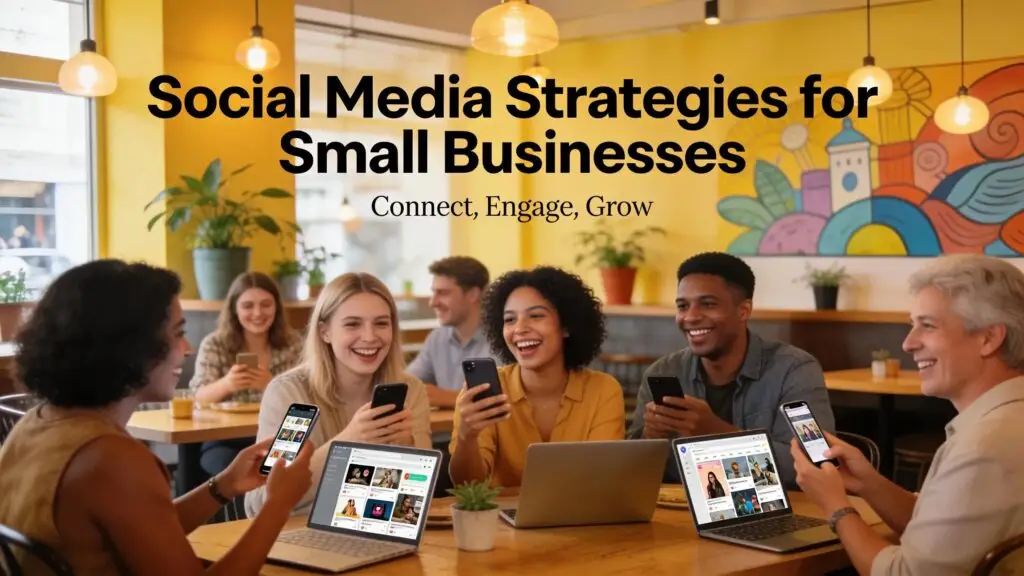 Group of people engaging with social media in a café, highlighting social media strategies