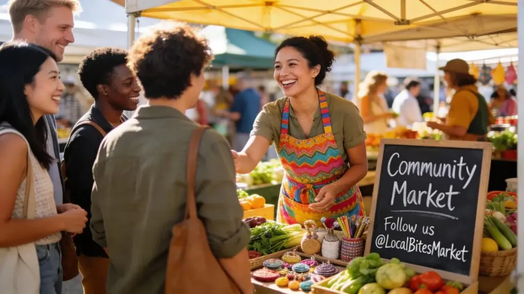 Small business owner engaging with customers at a local market