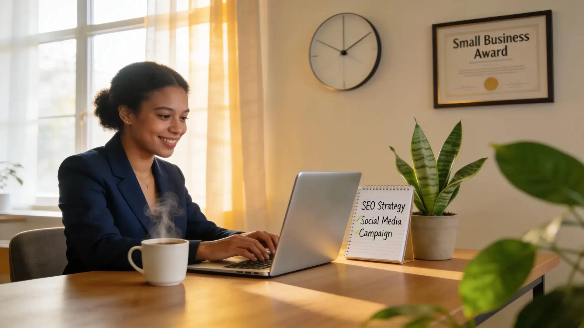 Small business owner working on SEO strategies in a modern office