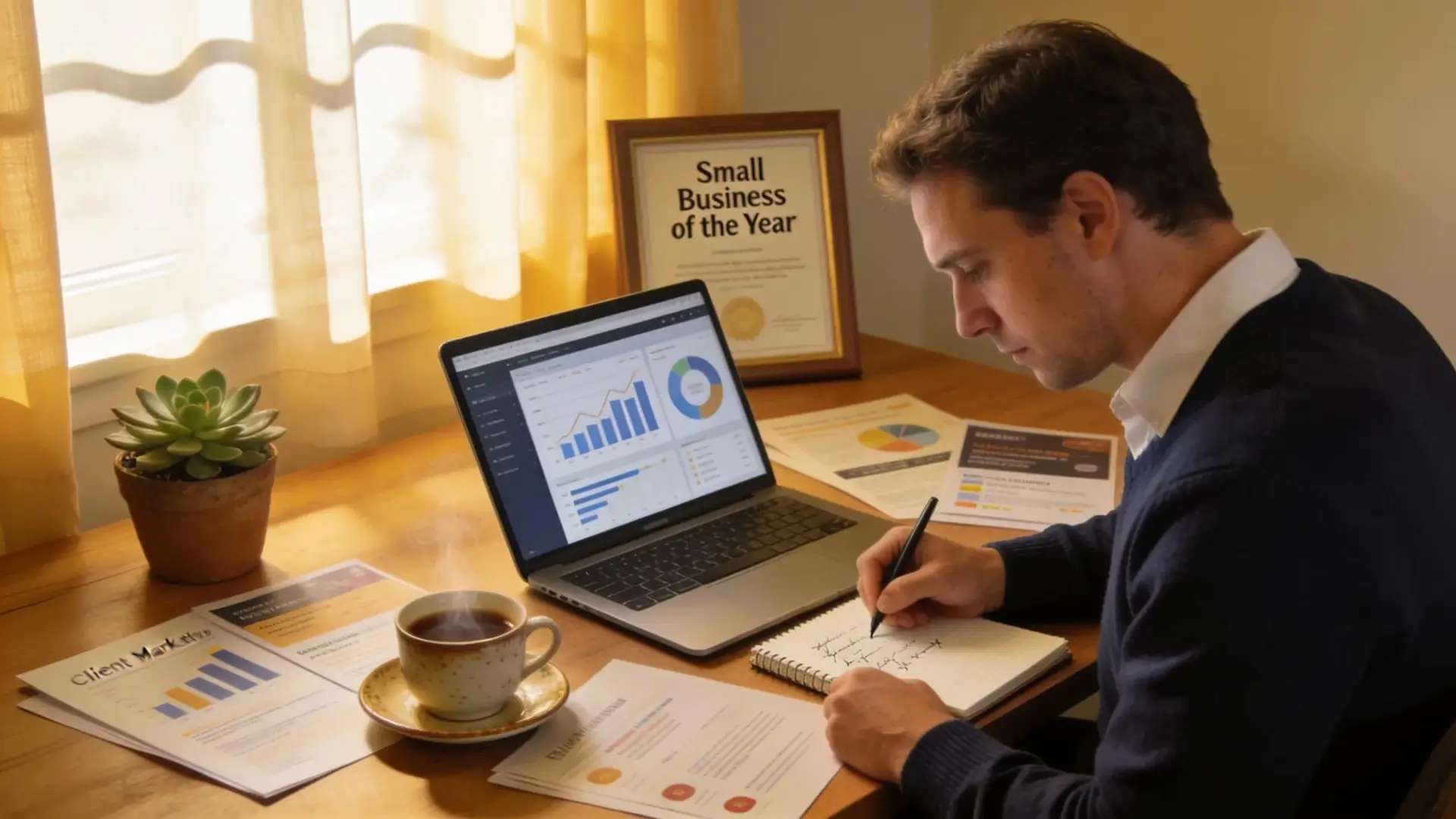 Local service business owner reviewing marketing performance dashboard on laptop.