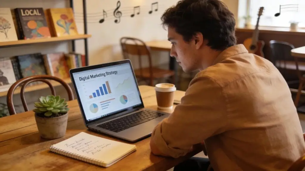 Small business owner working on digital marketing strategies in a cozy café