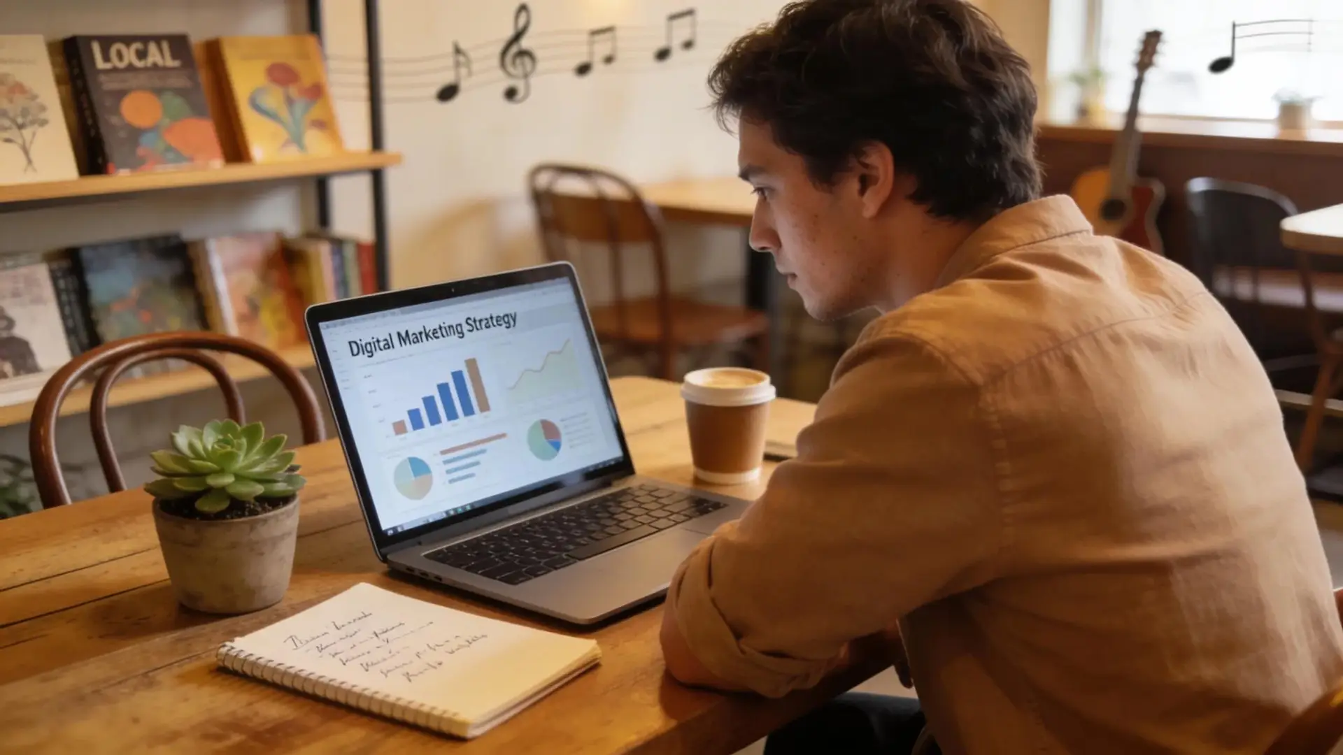 Small business owner working on digital marketing strategies in a cozy caf&eacute;