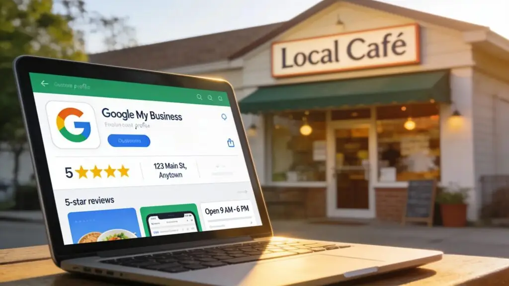 Google My Business profile displayed on a laptop for local SEO