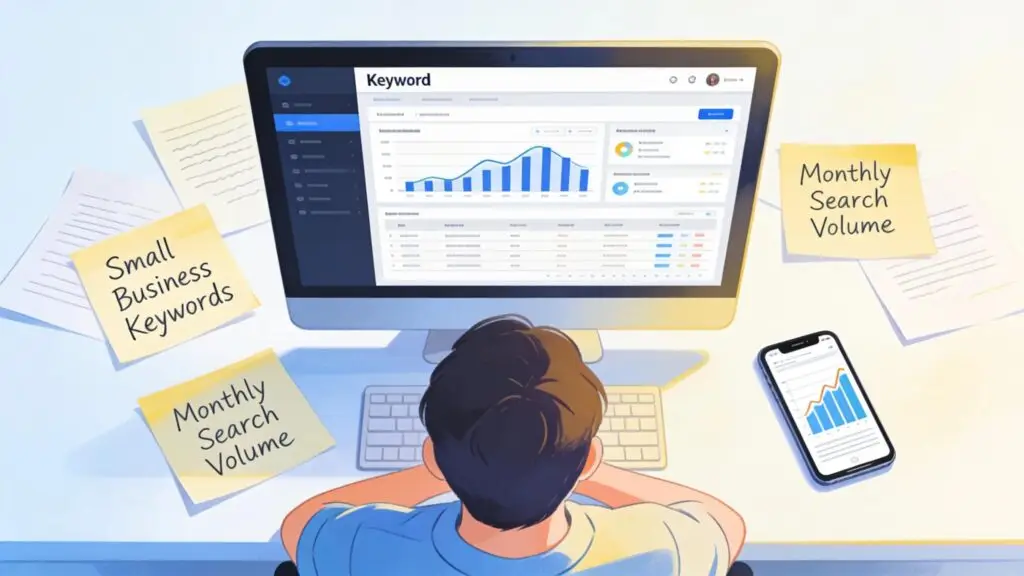 Person conducting keyword research for small business SEO strategies