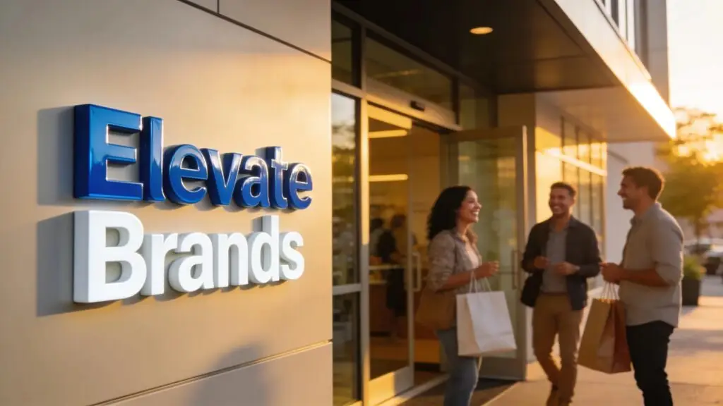 Close-up of a well-designed logo on a storefront with customers