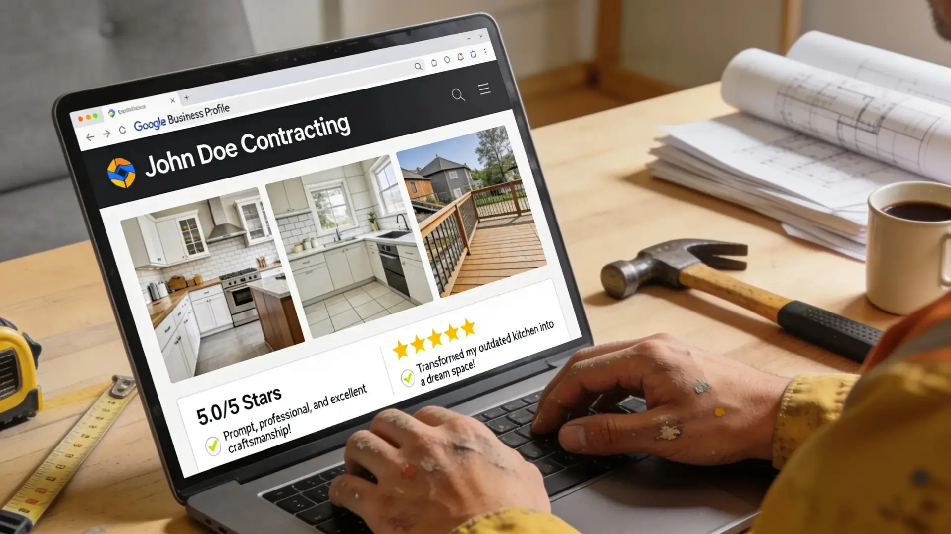 Contractor optimizing Google Business Profile for local SEO in a cozy workspace
