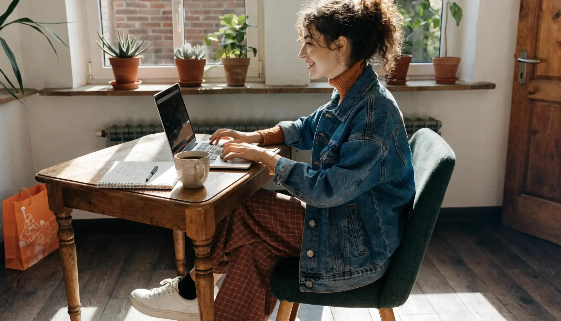 Small business owner working on content marketing strategies in a cozy workspace