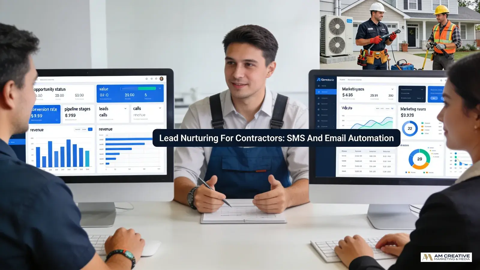 Contractor reviewing marketing dashboard and lead nurturing system for automated SMS and email campaigns.