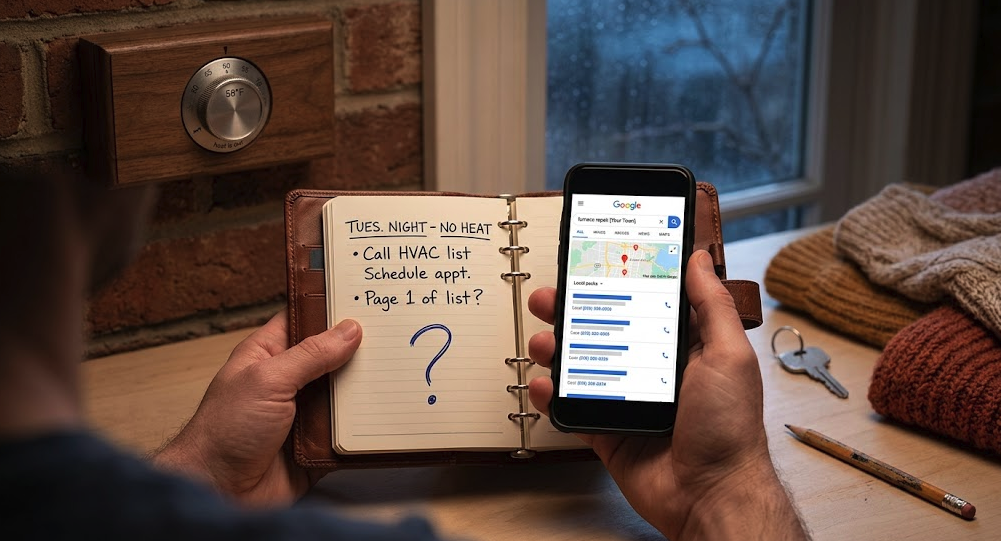 Close-up of a hand holding a smartphone displaying HVAC service search results, alongside a notebook