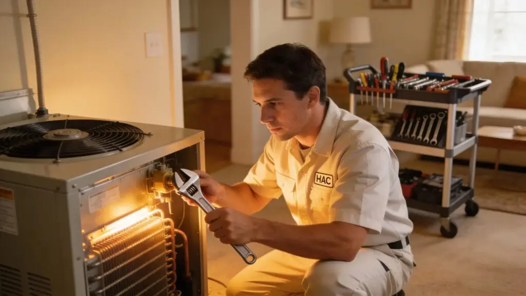 HVAC technician repairing a furnace in a cozy home setting, symbolizing effective HVAC marketing strategies